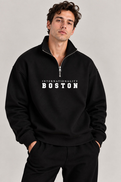 Jooy Boston Baskılı Dik Yaka Yarım Fermuarlı Sweatshirt