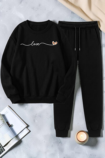uyguntarz Unisex Heart Ribbon Printed Crew Neck Sweatshirt - 2-Piece Tracksui...