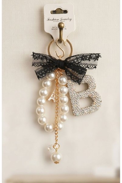 HOŞGÖR ACCESSORIES Zircon Stone, Pearl and Tulle Detailed Letter Keychain & B...