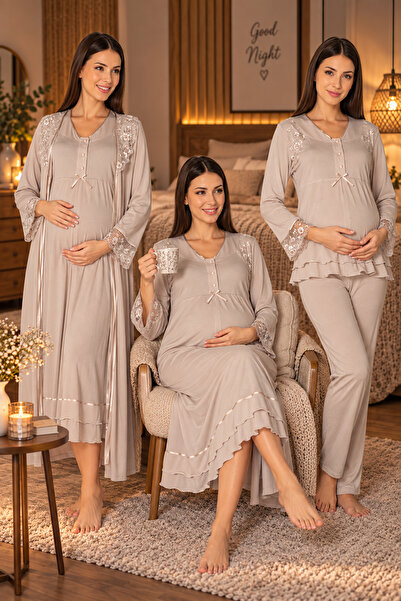 lohusahamile 100% Cotton Lace Detailed 4-Piece Maternity Set with Hidden Brea...