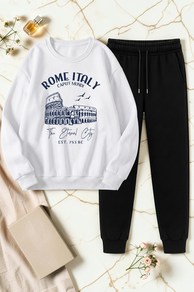 uyguntarz Unisex Rome Italy Printed Crew Neck Sweatshirt - 2-Piece Tracksuit Set