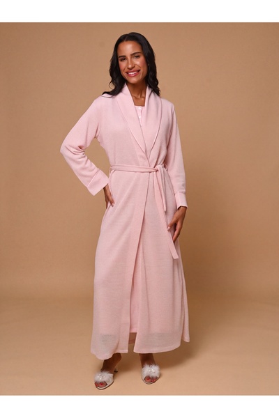 Lohussa New Season Pink Shawl Collar Textured Breastfeeding-Friendly Full-Len...