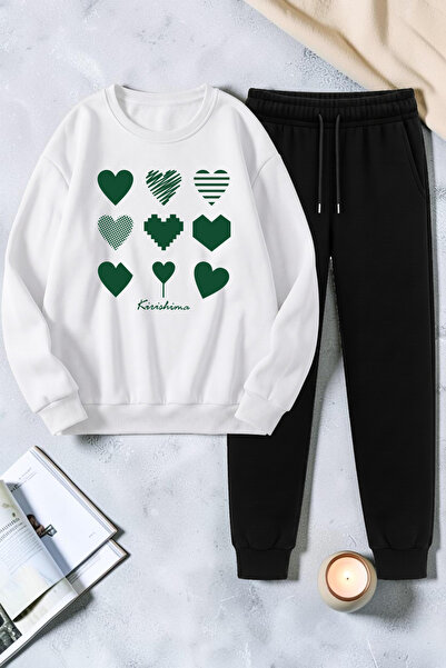 uyguntarz Unisex Ribbon Printed Crew Neck Sweatshirt - 2-Piece Tracksuit Set