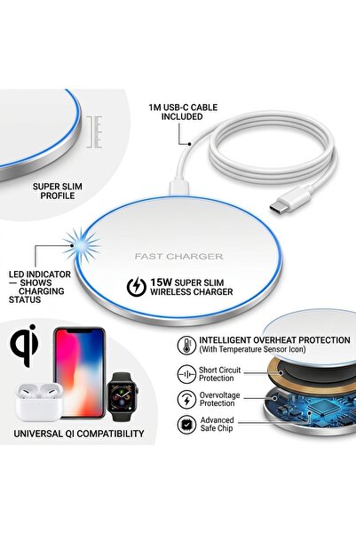 HYVESTO Incarcator Wireless Super Slim 15W cu Indicator LED, Compatibilitate ...