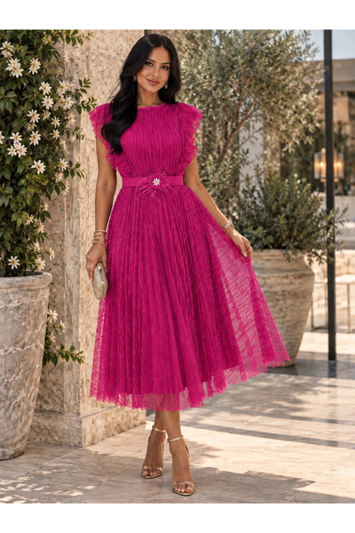 Divin store Rochie elegantă fucsia din tulle plisat cu volănașe