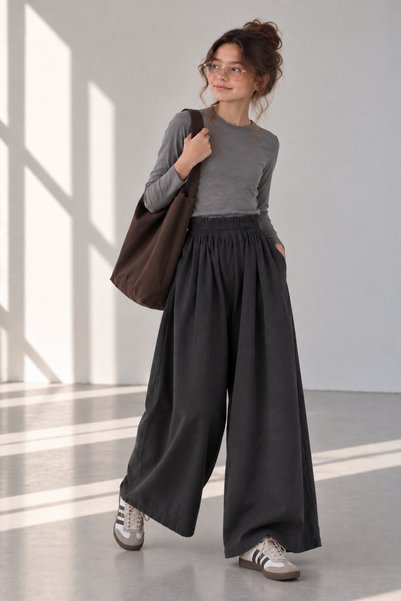 Angel&Co. Girls Clothing Girl - Thin Modal - Wide Pants - Anthracite - 10-15 Years Old