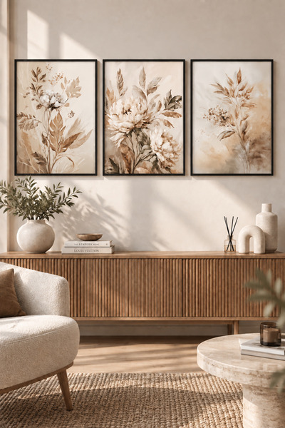 NT Handmade Natural Wood Framed 3-Piece Soft Beige Floral Wall Decor Decorati...