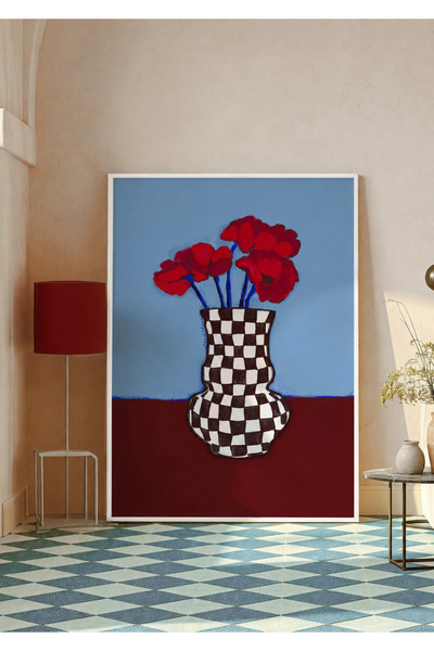 NT Handmade Natural Wood Framed Red Floral Checkerboard Pattern Vase Wall Dec...