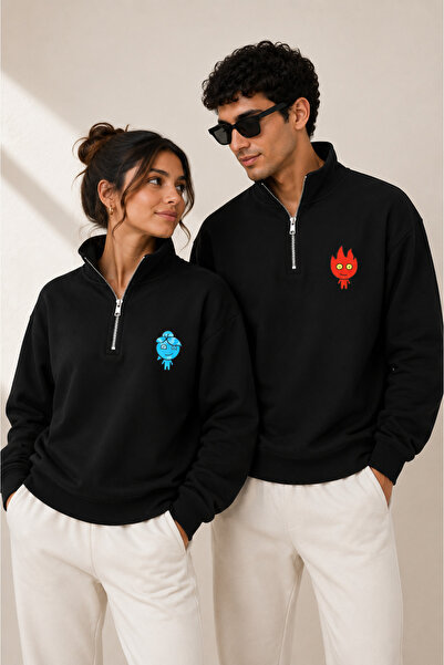 Jooy Ateş ve Su Baskılı Yarım Fermuarlı Dik Yaka Sweatshirt Sevgili Çift Kombini 2'li Set