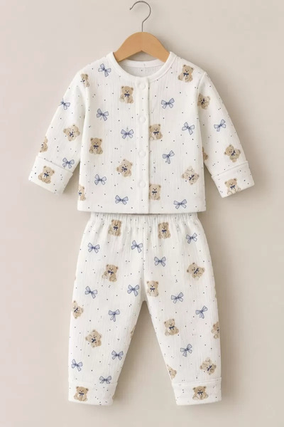 miyrem 3-12 Months Bowknot Bear Printed Snap Fastener Combed Cotton Baby Paja...