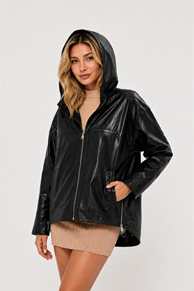 The Leather Craft Kadın Siyah %100 Hakiki Deri Kapüşonlu Ceket Oversize Rahat...