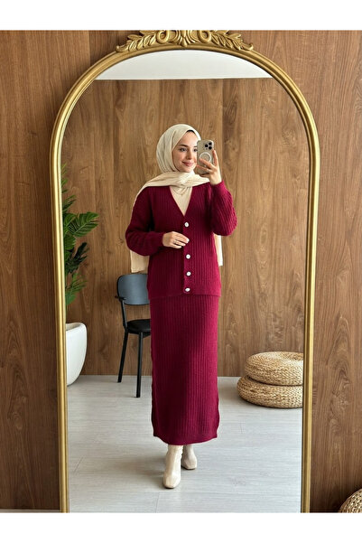 PALME D'OR Women's Plush Textured Premium Knitwear Cardigan Skirt Two-Piece Set