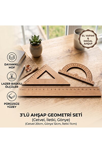 SEF-X Ahsap Tasarım Ahşap Cetvel İletki gönye seti, kahverengi cetvel, Okul m...