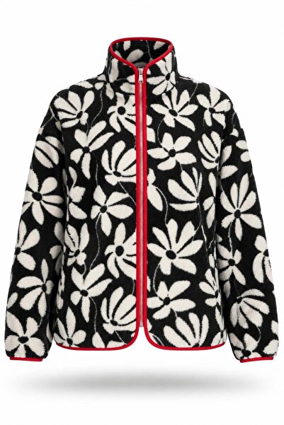 5in1Canpolat Navy Blue Floral Patterned Fleece Jacket
