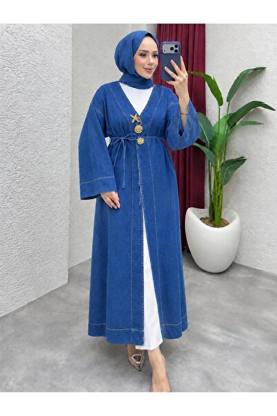 MODA VEDAT Kadın Bronş Detaylı Kot Uzun Kap -00750