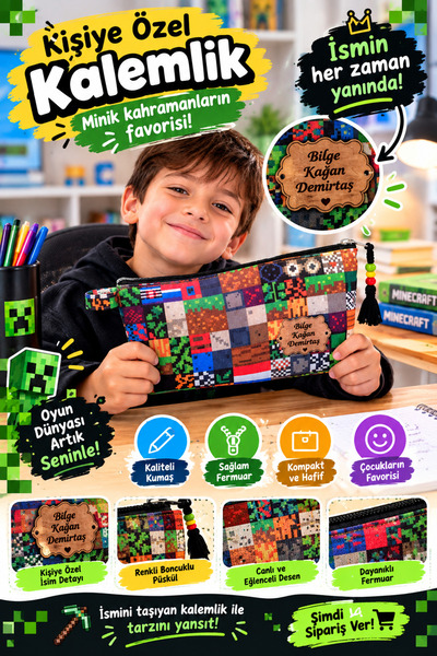 Felyagift Kişiye Özel Minecraft Desenli Kalemlik | İsim Baskılı Erkek Çocuk O...