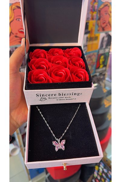 TAŞ DEVRİ HEDİYELİK Rose Steel Butterfly Necklace with Drawers