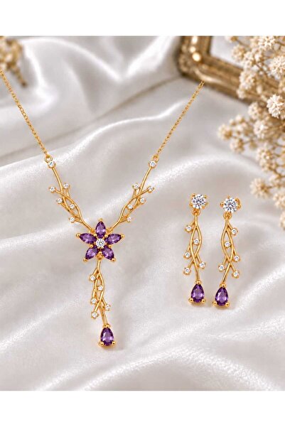 Feays 925 Ayar Gümüş Ametist Taşlı Sarmaşık Model Nergis Çiçeği Kolye Küpe Set
