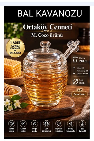 ORTAKÖYCENNETİ M. Coco Lorenzo Glass Honey Jar with Spoon - 240ml - Transparent