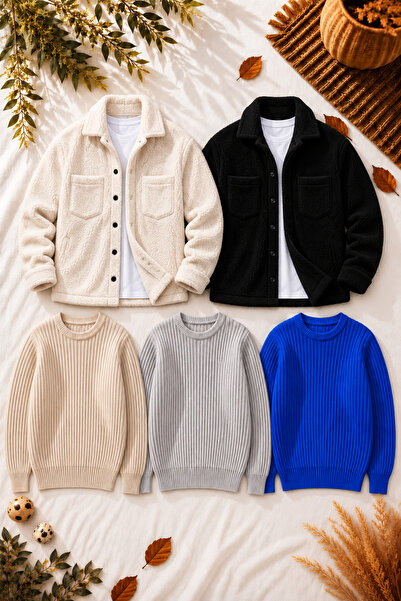 legends butik Men's 5-Piece Winter Combination Set 2 Plush Jackets 3 Crew Nec...