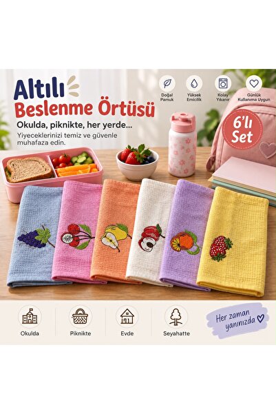 BERBERLER TEKSTİL 6’lı Nakışlı Beslenme Örtüsü Seti – Meyve Desenli Renkli Ok...