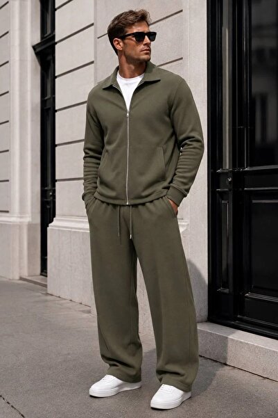 MADZEYMODA Men's Khaki Crep Jacket & Baggy Pants Bottom Top 2-Piece Set Ls-16108