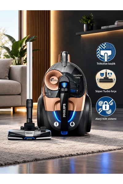 Philips ELVT Yeni LED Işıklı Başlık Marathon Daily Toz Torbasız Süpürge Power...