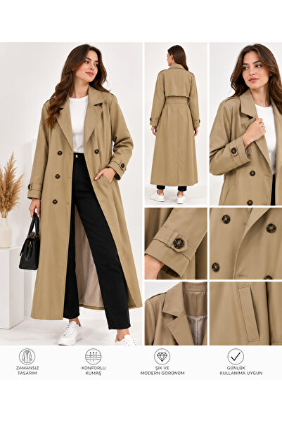 Ravello Collection Kadın Vizon Uzun Kruvaze Düğmeli Kemer Detaylı Trençkot Ka...
