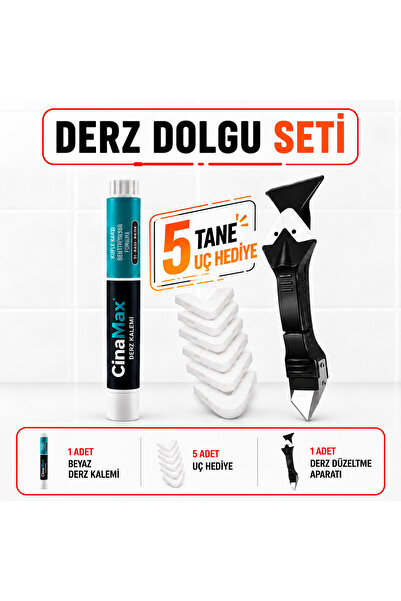 CinaMax Beyaz Derz Kalemi + 5 Uçlu Derz Kazıyıcı Seti Fayans Derz Yenileme Te...
