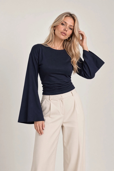 Lusin Women's Navy Blue Beli Fit Spanish Sleeve Premium Fabric Blouse