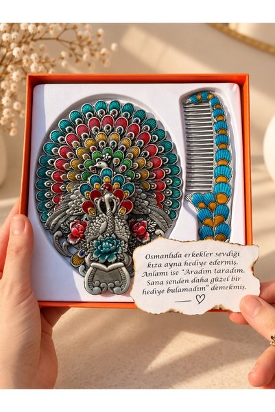 Home Vintage Mavi Tavus Kuşu Hediyelik Ayna Tarak Seti