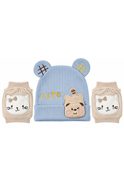 casa nexa Baby Teddy Bear Hat and Knee Protector Set 2 Piece Cat Pattern Craw...