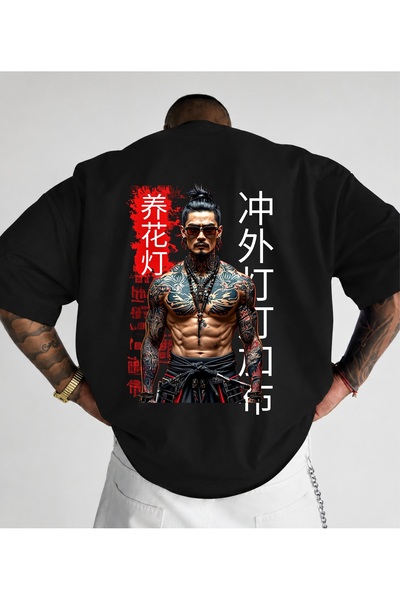 Premium Unisex Baskılı YAKUZA MAFIA %100 Pamuklu Bisiklet Yaka Kısa Kollu Siyah T-Shirt