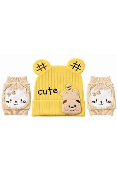 casa nexa Baby Teddy Bear Hat and Knee Protector Set 2 Piece Cat Pattern Craw...