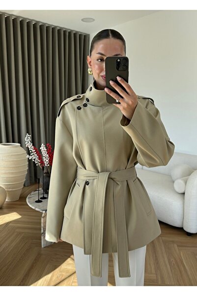 manana fashion High Collar Belted Trench Coat