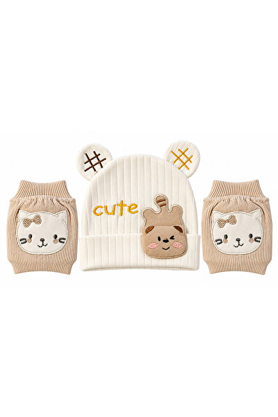 casa nexa Baby Teddy Bear Hat and Knee Protector Set 2 Piece Cat Pattern Craw...