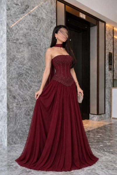 Calissa Store Women's Burgundy Corset Embroidered Evening Dress and Neck Scarf
