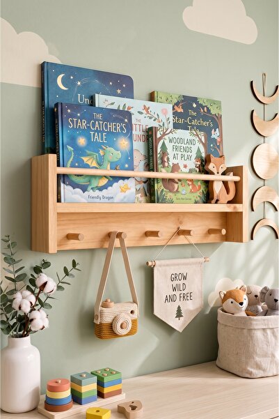 The N Wood Ahşap Çocuk Odası Kitaplık Rafı | Montessori Duvar Rafı | Askılı D...