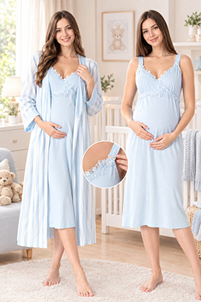 by İGP Maternity Striped Double-Breasted Dressing Gown Nightgown Set