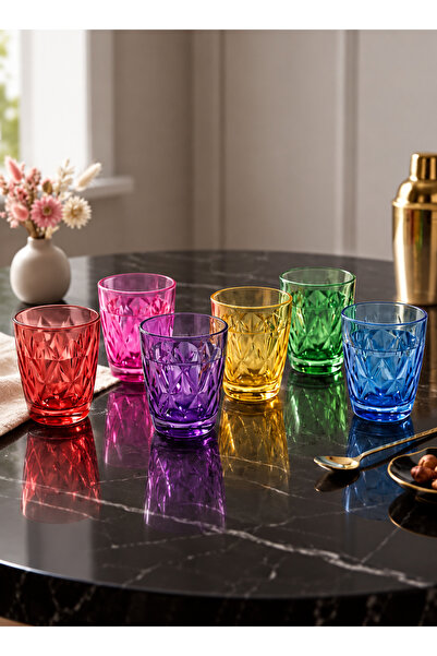 AZHASTORE 6’lı Renkli Kristal Görünümlü Cam Su Bardağı Seti 300 ml – Şık Dese...