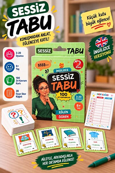 Gargamel Sessiz Tabu İngilizce Kelime Oyunu 100 Zıt Kavram Kartı 6+ Yaş