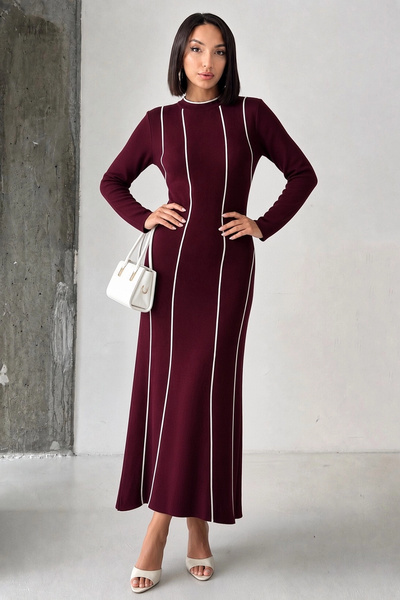 Lusin Women's Burgundy Stylish Line Detailed Long Sleeve Crew Neck Knitwear D...