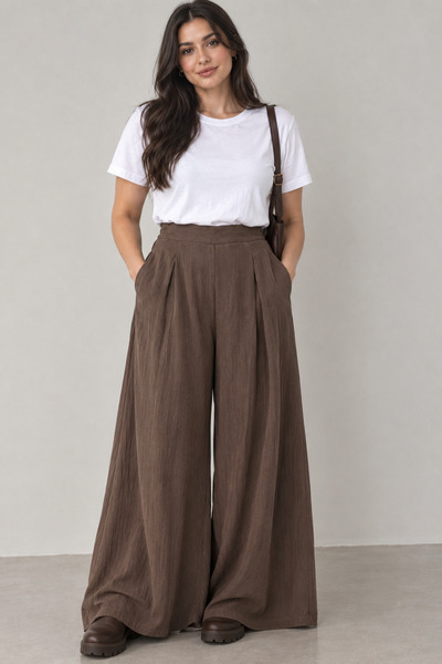 ayz collection Pileli Modal Geniş Paça Pantolon Yüksek Bel Cepli