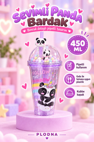 450 ml Panda Figürlü Pipetli Bardak Boncuklu Kubbe Kapaklı Çocuk İçecek Bardağı