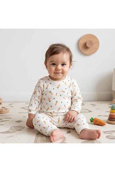 Lovia Baby Unisex Havuç Desenli %100 Pamuklu Fitilli Bebek Pijama Takımı