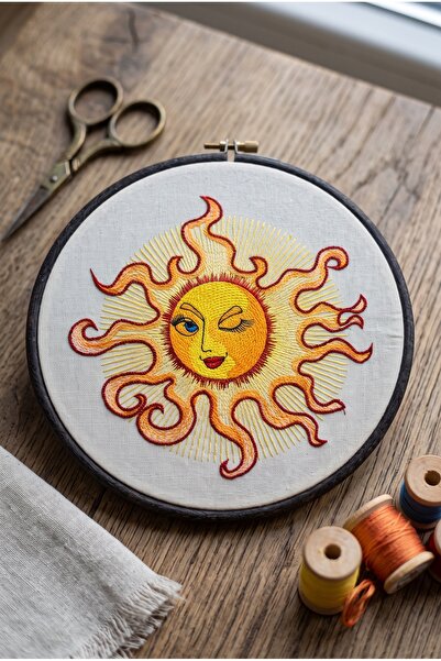 Silkensoul Bohem Güneş Desenli Doğal Dokulu Koyu Ahşap Kasnak Nakış Tablo Duv...