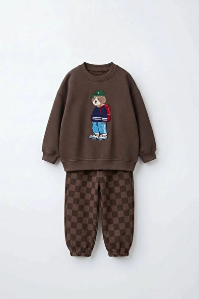 Kidmark Çocuk Modası Boy's Teddy Bear Printed 100% Cotton Brown Set