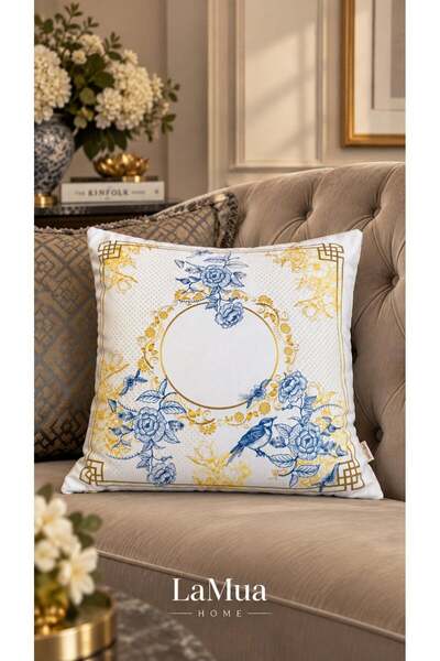 LAMUA HOME Royal Mavi Çiçek ve Kuş Desenli 6 Kişilik Sunum Seti Runner Supla Bardak Altlığı Kırlent 15 Parça