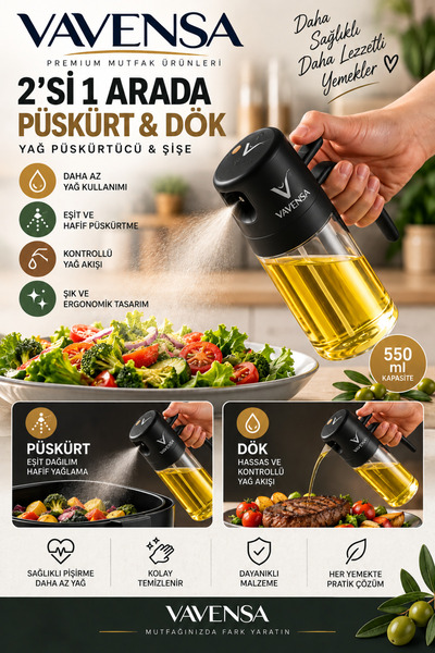 VAVENSA 550 ml 2'si 1 Arada Yağ Püskürtücü ve Dökücü Sprey Yağdanlık