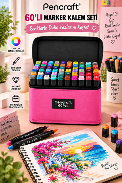 SYN AKSESUAR Pencraft 60’lı Çift Uçlu Marker Keçeli Kalem Seti – Pembe Taşıma...